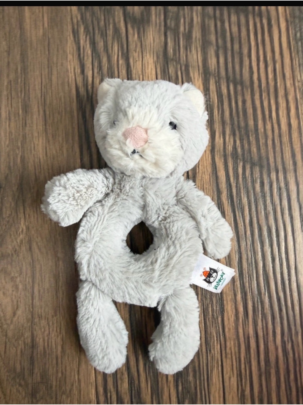 Jellycat Soft Gray Plush Cat Ring Rattle with Pink Nose